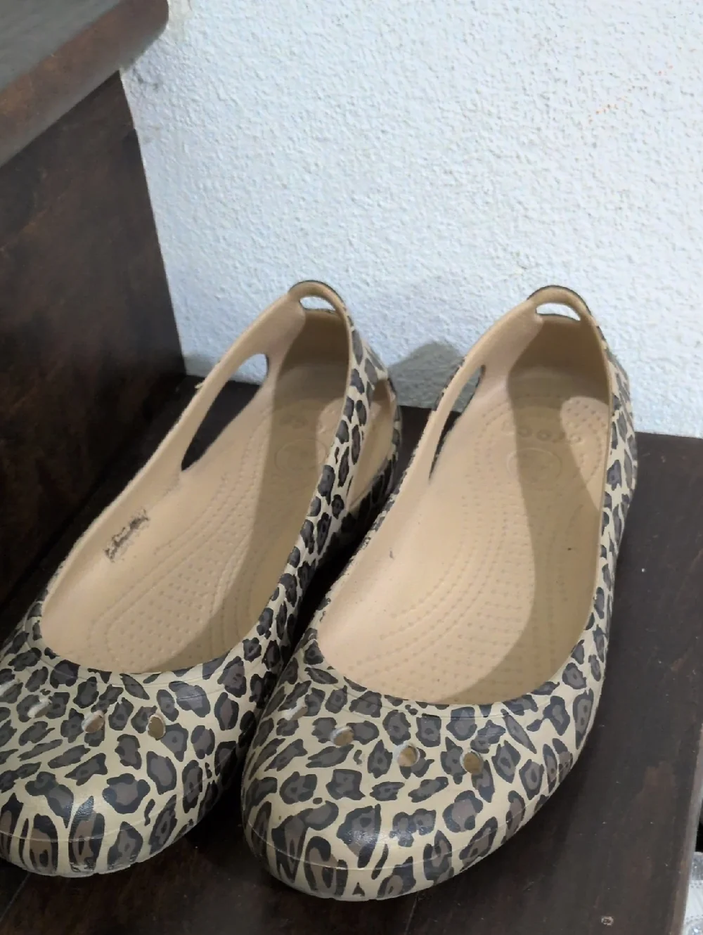 CROCS Leopard-Print Slip-On Flats in Beige and Black - Picture 1 of 4